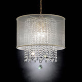 Benzara Ceiling Lamp with Hanging Crystal Droplets and White Drum Shade, White BM208067 Black Metal and Crystals BM208067