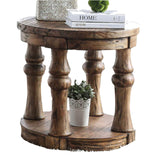 Transitional Round End Table with Open Shelf and Turned Legs,Antique Oak