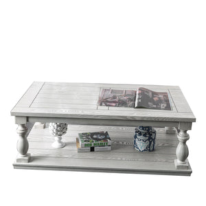 Benzara Plank Top Coffee Table with Open Shelf and Turned Legs, Antique White BM208126 White Solid Wood and Veneer BM208126