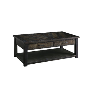 Benzara 2 Drawer Rustic Style Plank Top Coffee Table with Open Shelf, Dark Oak BM208131 Brown Solid Wood and Veneer BM208131