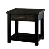 Benzara 1 Drawer Rustic Style Plank Top End Table with Open Shelf, Dark Oak BM208132 Brown Solid Wood and Veneer BM208132