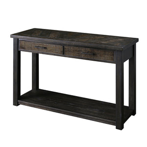 Benzara 2 Drawer Rustic Style Plank Top Sofa Table with Open Shelf, Dark Oak BM208133 Brown Solid Wood and Veneer BM208133