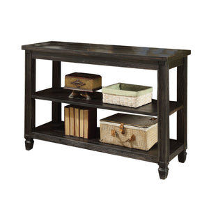 Benzara Plank Top Sofa Table with Two Open Bottom Shelves, Antique Black BM208135 Black Solid Wood and Veneer BM208135