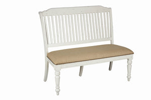 Benzara Farmhouse Style Wooden Bench with Slatted Back, White and Brown BM208154 White and Brown Wood BM208154