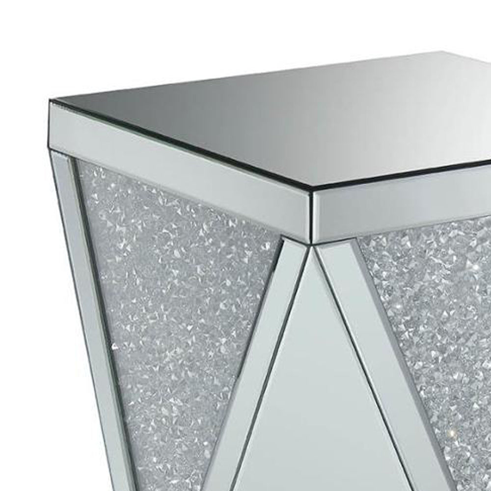 Benzara Wooden End Table with Triangular Infused Crystal Details, Silver and Clear BM208171 Silver and Clear Wood, Faux Crystals and Mirror BM208171