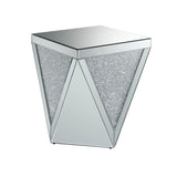 Benzara Wooden End Table with Triangular Infused Crystal Details, Silver and Clear BM208171 Silver and Clear Wood, Faux Crystals and Mirror BM208171