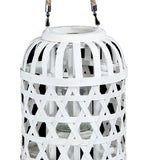 Benzara Wooden Lantern with Octagonal Cut Out and Rope Hanger, Medium, White BM208243 White Wood, Glass and Rope BM208243