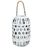 Benzara Wooden Lantern with Octagonal Cut Out and Rope Hanger, Medium, White BM208243 White Wood, Glass and Rope BM208243