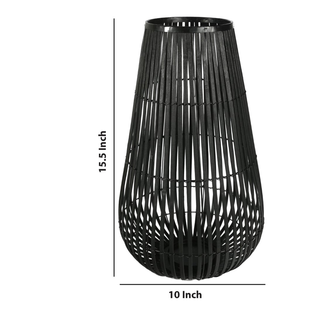 Benzara Tear Drop Shaped Open Caged Metal Frame Lantern with Weaving, Medium, Black BM208303 Black Wood and Metal BM208303