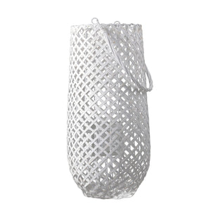 Benzara Lattice Weaved Wooden Lantern with Glass Hurricane, Large, White and Clear BM208366 White and Clear Wood and Glass BM208366