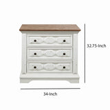 Benzara 3 Drawer Cottage Style Wood Nightstand with Rustic Details, White and Brown BM208536 White and Brown Solid Wood BM208536