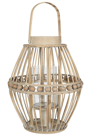 Benzara Wooden Round Lantern with Beads and Tapered Bottom, Brown BM208668 Brown Wood and Glass BM208668