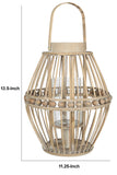 Benzara Wooden Round Lantern with Beads and Tapered Bottom, Brown BM208668 Brown Wood and Glass BM208668