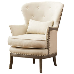 Benzara Demi Wing Back Fabric Upholstered Accent Chair, Cream and Oak Brown BM209056 Cream and Brown Solid Wood and Fabric BM209056