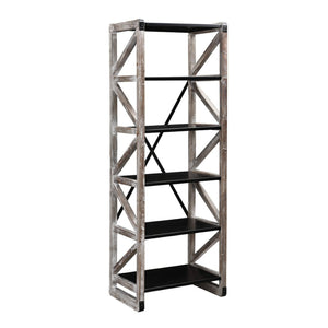 Benzara Ladder Style Wooden Bookcase with 6 Shelves, Brown and Black BM209071 Brown and Black Solid Wood and Metal BM209071