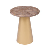 Benzara Round Wooden Top Corner Table with Metal Conical Base, Large,Brown and Gold BM209076 Gold and Brown Solid Wood and Metal BM209076