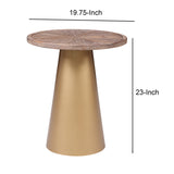 Benzara Round Wooden Top Corner Table with Metal Conical Base, Large,Brown and Gold BM209076 Gold and Brown Solid Wood and Metal BM209076