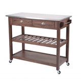 Benzara 2 Drawers Wooden Kitchen Cart with Metal Top and Casters, Gray and Brown BM209090 Gray and Brown Solid Wood and Metal BM209090