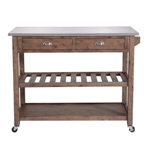 Benzara 2 Drawers Wooden Kitchen Cart with Metal Top and Casters, Gray and Brown BM209090 Gray and Brown Solid Wood and Metal BM209090