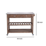 Benzara 2 Drawers Wooden Kitchen Cart with Metal Top and Casters, Gray and Brown BM209090 Gray and Brown Solid Wood and Metal BM209090