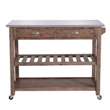 Benzara 2 Drawers Wooden Kitchen Cart with Metal Top and Casters, Gray and Brown BM209090 Gray and Brown Solid Wood and Metal BM209090