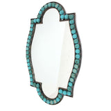 Quatrefoil Shape Metal Wall Mirror with Pearl Accents, Blue and Brown