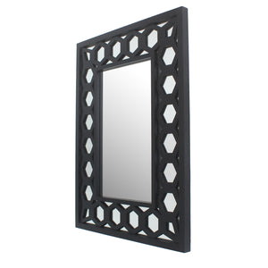 Benzara Rectangular Wooden Dressing Mirror with Lattice Pattern Design, Black BM209114 Black MDF and Mirror BM209114