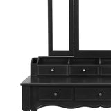 Benzara 3 Piece Wooden Vanity Set with Trifold Mirror and Padded Stool, Black BM209175 Black Wood, Mirror and Fabric BM209175