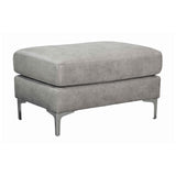 Benzara Fabric Upholstered Wooden Ottoman with Straight Metal Legs, Gray and Silver BM209227 Gray, silver Solid wood, fabric, faux leather, metal BM209227