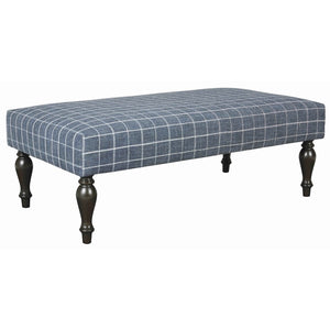 Benzara Wooden Polyester Upholstered Oversized Ottoman with Turned Legs, Blue BM209249 Blue Solid wood, Fabric BM209249