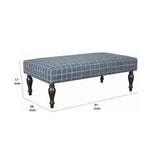 Benzara Wooden Polyester Upholstered Oversized Ottoman with Turned Legs, Blue BM209249 Blue Solid wood, Fabric BM209249