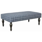 Benzara Wooden Polyester Upholstered Oversized Ottoman with Turned Legs, Blue BM209249 Blue Solid wood, Fabric BM209249