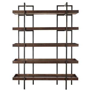 Benzara Bookcase with 5 Fixed Wooden Shelves and Metal Frame, Brown and Black BM209257 Brown and Black Solid Wood and Metal BM209257