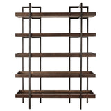 Bookcase with 5 Fixed Wooden Shelves and Metal Frame, Brown and Black