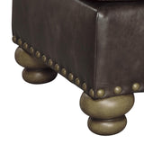 Benzara Traditional Wooden Ottoman with Nailhead Trims and Bun Feet, Brown BM209340 Brown Wood, Fabric and Faux Leather BM209340