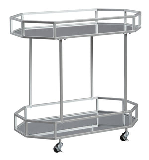 Benzara Octagonal Metal Bar Cart with Mirrored Top and Bottom, Silver BM209343 Silver Metal and Mirror BM209343