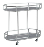 Octagonal Metal Bar Cart with Mirrored Top and Bottom, Silver