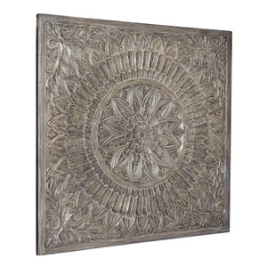 Benzara Rectangular Wooden Wall Decor with Textured Medallion Pattern, Antique Gray BM209347 Gray Wood BM209347