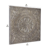 Benzara Rectangular Wooden Wall Decor with Textured Medallion Pattern, Antique Gray BM209347 Gray Wood BM209347