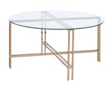 Benzara Coffee Table with X Shaped Metal Base and Round Glass Top, Gold BM209587 Gold and Clear Metal and Glass BM209587