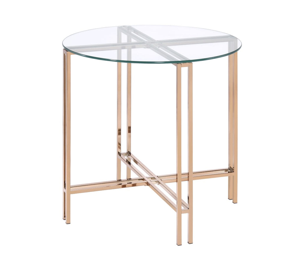 Benzara End Table with X Shaped Metal Base and Round Glass Top, Gold BM209588 Gold and Clear Metal and Glass BM209588
