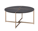 Benzara Coffee Table with X Shaped Metal Base and Round Wooden Top, Gold and Gray BM209590 Gold and Gray Metal and Wood BM209590