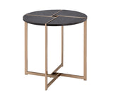 Benzara End Table with X Shaped Metal Base and Round Wooden Top, Gold and Gray BM209591 Gold and Gray Metal and Wood BM209591