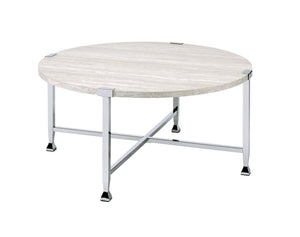Benzara Coffee Table with X Shaped Metal Base and Round Wooden Top,Silver and Beige BM209592 Silver and Beige Solid wood, Veneer and Metal BM209592