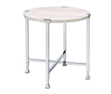 Benzara End Table with X Shaped Metal Base and Round Wooden Top,Silver and Beige BM209593 Silver and Beige Solid wood, Veneer and Metal BM209593