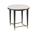 Benzara Circular Tabletop End Table with Metal Apron Trims, Black and Brown BM209599 Black and Brown Solid wood, Veneer and Metal BM209599