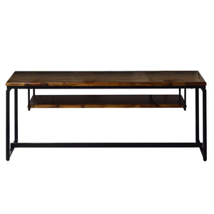 Benzara Metal TV Stand  Wooden Tabletop with and Open Shelf, Black and Brown BM209602 Black and Brown Metal and Wood BM209602