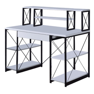 Benzara Industrial Style Desk with 4 Open Selves and Bookcase Hutch, White BM209614 White Metal, MDF, Plastic BM209614