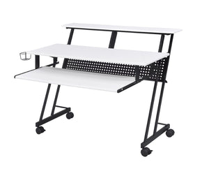 Benzara Rectangular Top Computer Desk with 1 Shelf and 1 Cupholder, Black and White BM209623 Black and White Metal, MDF, Veneer BM209623