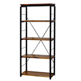 Benzara Industrial Bookshelf with 4 Shelves and Open Metal Frame, Brown and Black BM209629 Brown and Black Solid Wood, Metal BM209629
